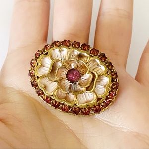 Vintage Czech glass purple floral enamel gold brooch